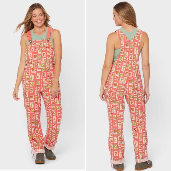 NWT Duluth Medium x31L Heirloom Gardening Bib Overalls Coral Seed Packets Farm - Picture 9 of 9